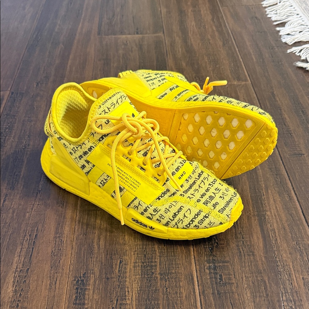 Adidas Bright Yellow Text Pattern Sneakers